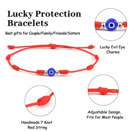 VU100 Pack of 6 Red Evil Eye Bracelet Evil Eye Kabbalah 7 Knots Red Rope Bracelets Nazar Amulet Adjustable Good Luck Friendship Bracelet Gift for Women Men Family Friend, Nylon, No gemstone