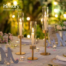 Hewory Gold Candle Holders Hurricane Candlestick Holders, 3Pcs Brass Candle Stick Candle Holder Candelabra, Taper Candle Holders with Glass Candle Cover for Wedding Table Centerpiece Christmas Decor