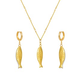 IQIC Fish Necklace Earrings Jewelry Set for Women Gold Fish Charm Pendant Necklace Summer Beach Fish Hoop Earrings Trendy Ocean Jewelry, Medium, Metal, No Gemstone