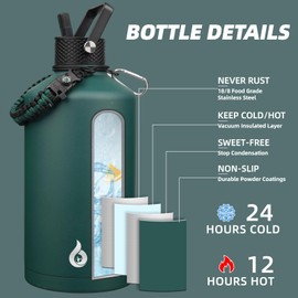 BJPKPK 1 Gallon Water Bottle with Straw Lid, 50oz, 64oz, 87oz, 128oz Large, Stainless Steel Water Bottles with 3 Lids and Paracord Handle, Double Wall Vacuum Metal Water Jug, Army Green