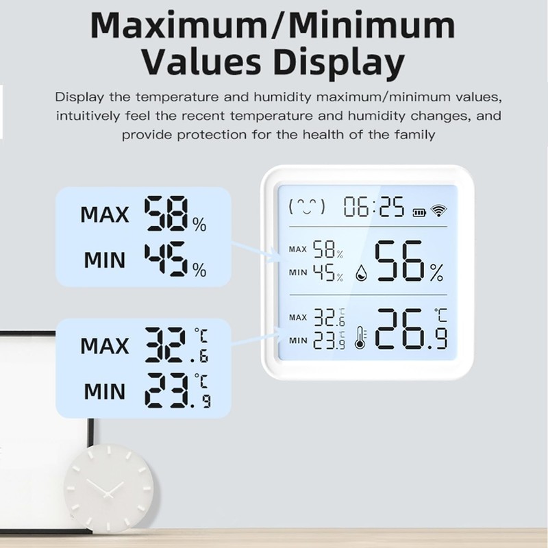 Smart WiFi Temperature Humidity Sensor, Wireless Thermometer Hygrometer, Built-in Clock