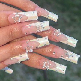 Square Press on Nails Long,French Tips Fake Nails with Rhinestones 3D Star Shiny Charms Designs Coffin False Nails White Nails Tips Artificial Nails Supplies Full Cover Glue on Nails for Women 24pcs