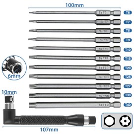SuQurtom 11 PCS 100mm T6-T40 Torx Screwdriver Bits,S2 Steel 1/4 Inch Magnetic Torx Security Star Hex Screwdriver Bits Set for Manual Electric Screwdrivers +Angle Screwdriver Bit Holder