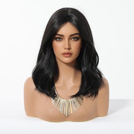 Cemuto Short Wavy Black Wig for Women Synthetic Wavy Bob Wig Shoulder Length-4