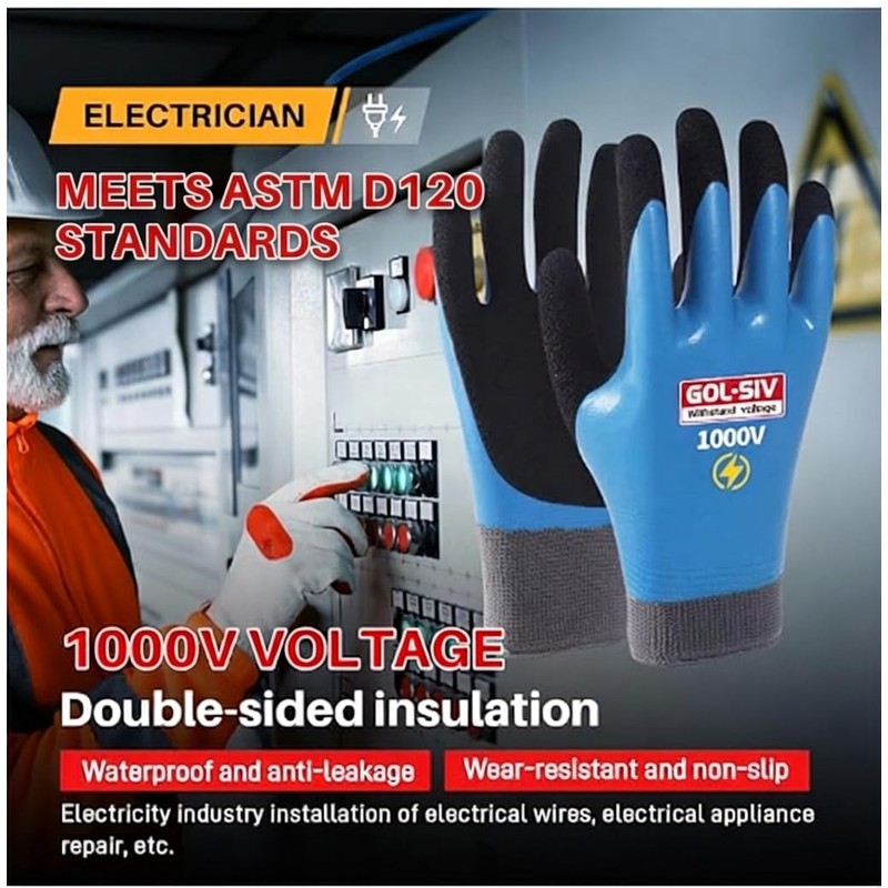 GOL-SIV Electrician Gloves 1000V High Voltage,ASTM D120 Certified & Double