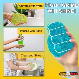 Degreaser Dish Soap Infused Cleaning Sponge, Activates with Water, 4 Pack, Non Scratch, Ergonomic, Fresh Citrus Orange Scent