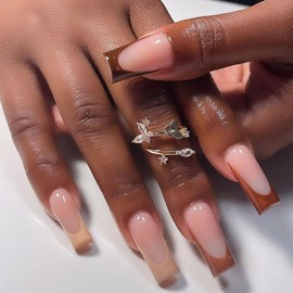 BAOYAALIN Brown Press on Nails Medium Long Square Fake Nails with Design Gel Glue on Nails for Women Girls Full Cover Acrylic False Stick on Nail Manicure for Wedding 24Pcs