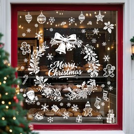 Christmas Wreath Window Clings Decoration, Pine Cone Flower Wreath Snowflake Decals Reusable No Glue Stickers Xmas Decal Christmas Decorations for Window Glass Party Supplies