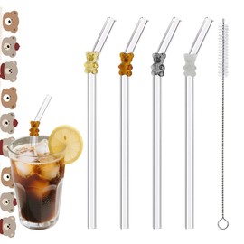 Glass Drinking Straws with Decorative Red Charms, 8 inch, Set of 4 with Cleaning Brush