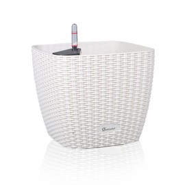 Dexceder 9x8 Self Watering Planter Indoor Outdoor, Inner Mat Design, Thickened Table Flower Plant Pot with Water Level Indicator (Ivory White Rattan)