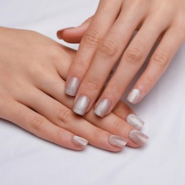 Stbisen Nude Press on Nails Short Square, Summer Cat Eye Press on Nails, Fashion Gel Fake Nails, Reusable Acrylic Fake Nails, Glossy Stick on Nails for Women, Glue on Nails Kit, Icy Nude