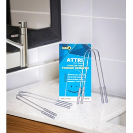 ATTRI Tongue Scraper for Adults (4 Pack), 100% Stainless Steel, Reduce Bad Breath, Tongue Scrubber, Easy to Use, Tongue Cleaner for Oral Care & Hygiene
