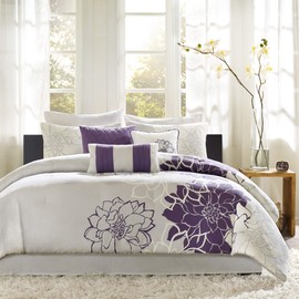 Madison Park Lola Sateen Cotton Comforter Set-Casual Medallion Floral Design All Season Down Alternative Bedding, Shams, Bedskirt, Decorative Pillows, Cal King(104"x92"), Grey/Purple, 7 Piece