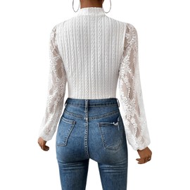 GORGLITTER Lace Bodysuit, Women's Long-Sleeved Body with Stand-Up Collar, Blouse, Elegant T-Shirt Body with Lace, White, XS