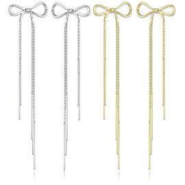 2 Pcs Bow Earrings for Women 14K Silver Gold Bow Earrings for Women,Gold Plated Elegant Long Dangling Drop Christmas Bows Earring with Sparkling, Trendy Silver Design Holiday Party Prom Jewelry Gifts