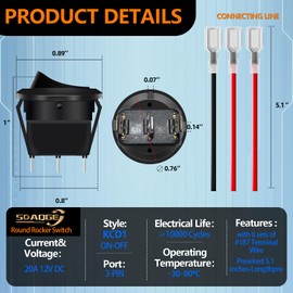 12 Volt Round Rocker Switch,6Pcs Round Toggle Switch with Link Line 3Pin Snap-in Design Wires Pre-Wired Ac 6A/250V 10A/125V 12VDC for Car Truck Marine Boat Rv Vehicle 6PCS