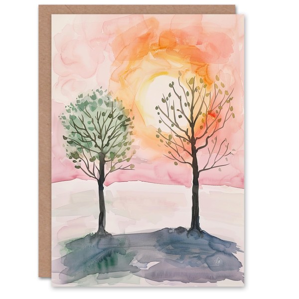 Artery8 Greeting Card Two Summer Trees in Pink Orange Sunset