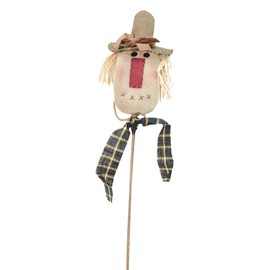 CWI Gifts 15" x 5" Scarecrow Doll Head on Pick In Burlap & Gingham with Raffia Hair