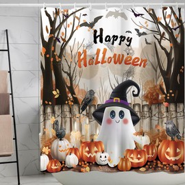 Aqrbeci Halloween Ghost Shower Curtain, Spooky Pumpkin Skull Bathroom Curtains Waterproof Fabric Bath Curtain 72x72 Inch with 12 Hooks