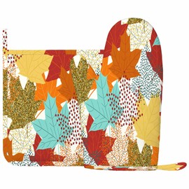 Mxocom Fall Maple Leaves Silicone Oven Mitts and Pot Holders Sets Autumn Seasonal Graphic Chaotic BBQ Gloves for Kitchen,Cooking,Baking,Grilling