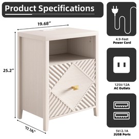 3imothrix End Table Set of 2 with Charging Station, Modern Nightstand with Door and Open Shelf, Fluted Design, Bedside Table for Bedroom, Living Room, Light Brown