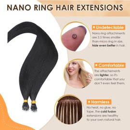 Elailite Nano Ring Hair Extensions Real Human Hair Blonde With Nano Beads Cold Fusion 50 Strands 35g Straight （#1 Jet Black, 20 Inch)
