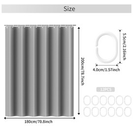 AwmnSrman Shower Curtain - Solid Grey Shower Curtain with 12 Shower Curtains Hooks, Quick-Drying Modern Elegant Design Polyester 180 x 200cm