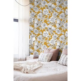 HAOKHOME 93171-2 Floral Wallpaper Peel and Stick Boho Removable Wall Paper Yellow/Black/White Vinyl Stick on Home Decorative for Bathroom 17.7in x 118in