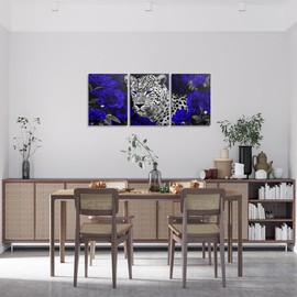 3D Leopard Canvas Wall Art for Living Room,Navy Blue Rose Flowers Framed Wall Art Cheetah Print Wall Decorations,Western Wild Animal African Safari Animals Canvas Artwork Paintings,Black White Grey
