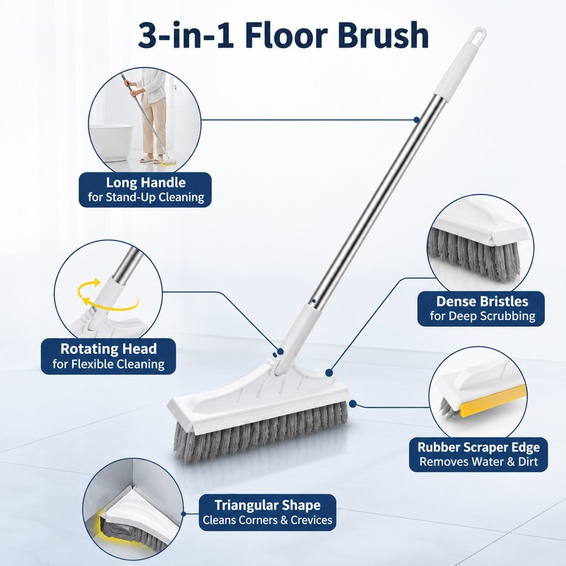 3-in-1 Cleaning Brush for Bathroom Floors and Tiles - Long
