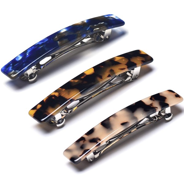 FSMILING Tortoise Shell Hair Barrettes Clips For Women,tortoise shell Small Rectangular Automatic Hair Clip Barrette For Thin And Thick Hair,3 Pieces/set