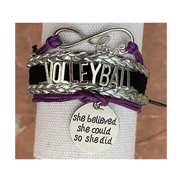 Sportybella Volleyball Charm Bracelet - Volleyball Jewelry - Volleyball She Believed She Could Bracelet for Volleyball Players - Perfect Volleyball Gifts for Players (Purple/Black)