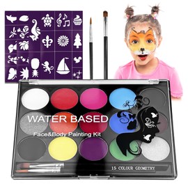 Lectorias Children's Make-Up Set, 15 Body Paints, Face Paints, Body Paint with 2 Brushes and 40 Stencils for Carnival Make-Up, Washable, Face Paint, Children's Make-Up Body Paint