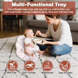 MAXTBEE Inflatable Baby Chair with Tray, Portable Baby Floor Seat for Sitting Up, Built in Air Pump Back Support Learning Sit-Up Seat for Infants for 4-36 Months - Bear