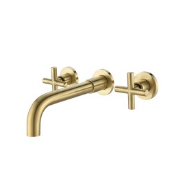 Modern Wall Mount Bathroom Sink Faucet Matte Black 2 Handle Ceramic Valve Brass Minimalist DesignColor: Brushed Gold Color