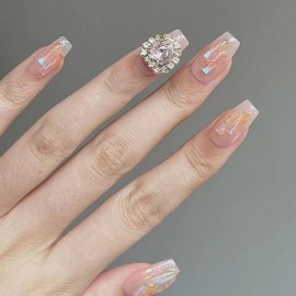 CEBOIC Glue-On Nails, Press On Nails, Handmade Gel Nails, Luxury Reusable Flesh Iridescent False Nails with Pink Rhinestone Decoration for Girls and Women, Everyday and Wedding