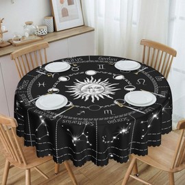 Drapeloft Sun and Moon Tablecloths, Black Celestial Witchy Mystic Constellation Galaxy Hippy Gothic Waterproof Table Cloth Cover Decor for Kitchen Dining Room Patio Home Party, 36" Round