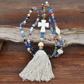 SHTGOI 1 x Women's Sweater Chain Necklace Bohemian Colourful Crystal Bead Cord Chain Long Cross Necklace with Tassel Pendant Vintage Handmade Sweater Necklaces for Clothing Accessories 90 cm, Pearl