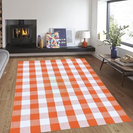 Fall Outdoor Rug Orange Buffalo Plaid Outdoor Rug Cotton Hand-Woven Buffalo Check Rug Layered Doormats for Front Door/Front Porch/Farmhouse/Entryway/Patio