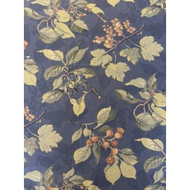 Vintage Blue Tapestry Upholstery Fabric Leaves Floral Green Woven By The Yard