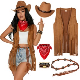 GERVAISE Womens Western Cowgirl Costume 70s Hippie Tassels Fringe Vest outfit Hat 5pcs (Brown, Small)