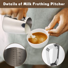 Milk Frothing Pitcher, Creamer Pitcher with Clear Scale, 304 Stainless Steel Milk Frother Cup for Espresso Machine Milk Steamer Pitcher for Barista Coffee Bar with Latte Art Pen