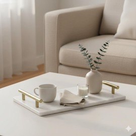 Queenza White Marble Decorative Tray with Gold Handles (12 x 8 Inch) | Luxury Stone Vanity Tray for Bathroom, Kitchen Counter, Coffee Table & Dresser Organization