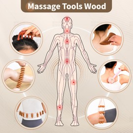 5-in-1 Wood Therapy Lymphatic Drainage Massager Tools Kit for Body Sculpting with Gua Sha Tool, Back Massage, Scalp Massage Tool, Leg Massager Muscle Roller, Manual Hammer Massager for Ideal Gift