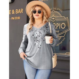 IN'VOLAND Womens Plus Size Tops Long Sleeve Boho Shirts Pleated V Neck Floral Flowy Top Casual Loose Tunic Blouse