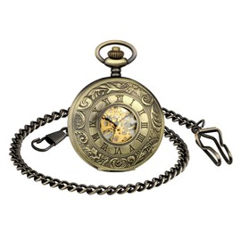 MICGIGI - Unisex Pocket Watch with Necklace Chain Analogue Hand Winding Bronze Roman Numerals Mechanical Pocket Watches, Classic