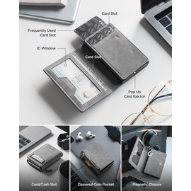 VULKIT Men's Card Holder for Max. 10 Cards with Sliding Credit Card Ejector RFID Blocking, Zipper Coin Pocket, ID Window and 3 Card Slots, Magnetic Closure, Grey