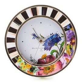 MACKENZIE-CHILDS Silver-Plated Round Desk Clock, Decorative Clock for Living Room, Kitchen, or Office, Courtly Stripe with Flower Market