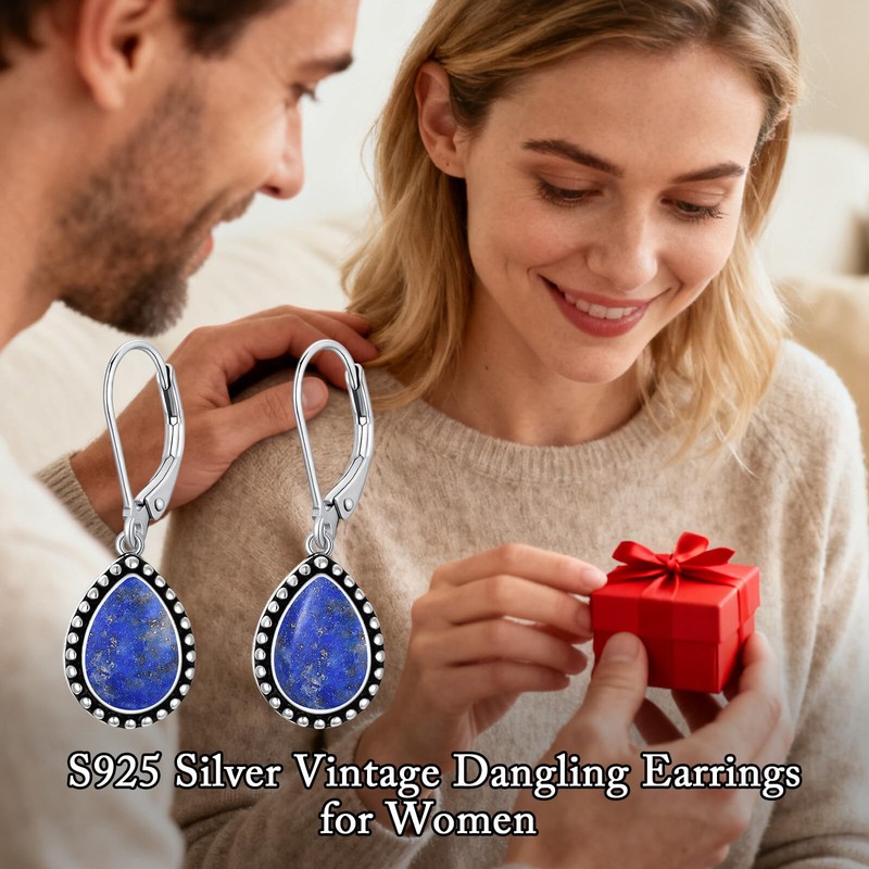 Lapis Lazuli Earrings 925 Sterling Silver Boho Hypoallergenic Retro Oxidized