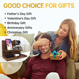 Iswabard Birthday Gifts for Men Valentines Day Gifts for Men Gift for Dad Wood Phone Docking Station Organizer Wood Bedside Organizer